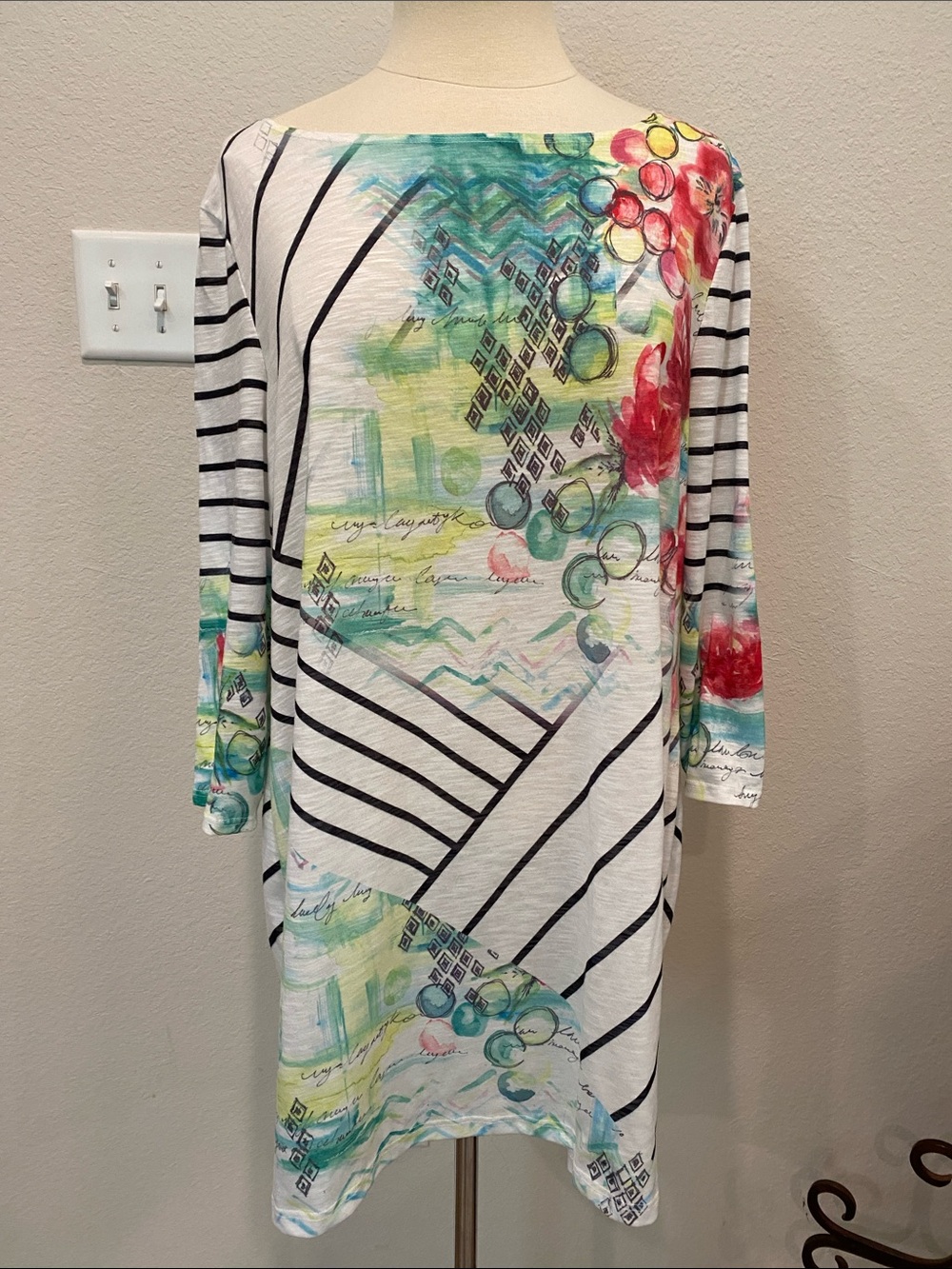 Chico's White Boatneck Long Tunic  Multicolor Floral & Stripe Print XL